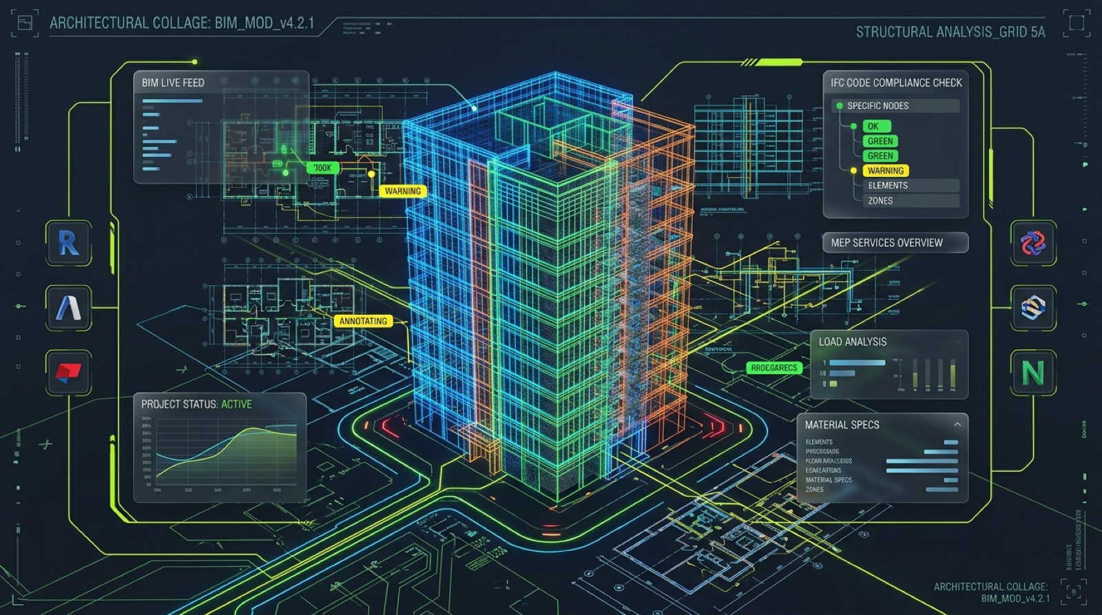 BIM Model Audit Collage with 3D Wireframes and Blueprints
